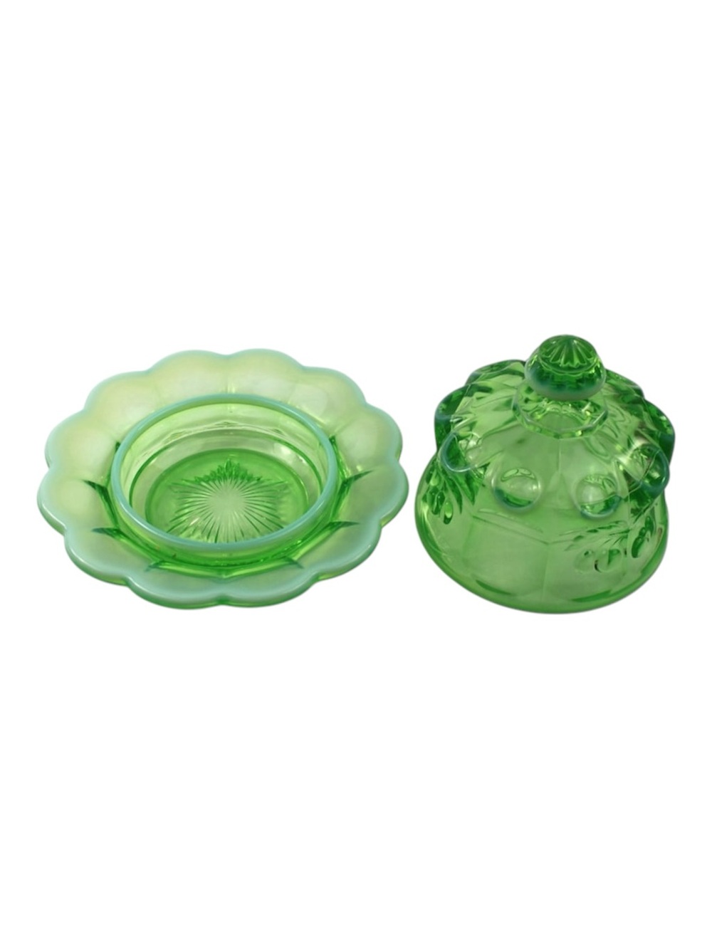 Mosser Glass Cherry Print Vintage Green Glass Covered Butter Dish - Picture 5 of 11